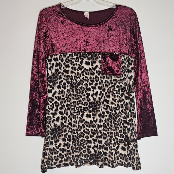 Lilypad Tops - Lilypad Tunic Top Womens 3X Burgundy Velvet Leopard Print Long Sleeve Pocket